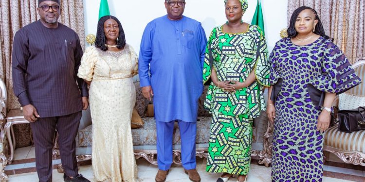 L-R: Deputy Director,  Legal and Regulatory Services, Nigerian Communications Commission (NCC) Lawrence Abang; Plateau State Deputy Governor, Josephine Piyo; Executive Governor,  Plateau State Caleb Mutfwang; Executive Commissioner Stakeholder Management,  NCC, Rimini Makama; Director,  Digital Economy, NCC, Helen Obi during the Commission’s courtesy visit on the Plateau State Governor in Jos, Plateau State